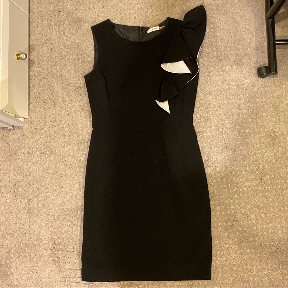 Calvin Klein dress, ruffle left sleeve, black, size 8, worn once